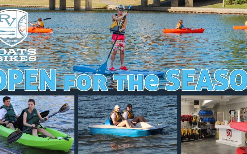 Graphic with photos of people boating and the text, "Boats and Bikes Open for the Season."