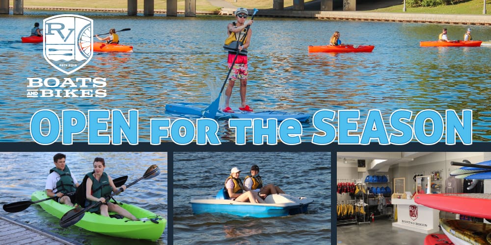 Graphic with photos of people boating and the text, "Boats and Bikes Open for the Season."
