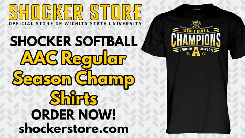 Graphic with a photo of the T-shirt and the text, "Shocker Store, Official Store of Wichita State University. Shocker Softball. AAC Regular Season Champ Shirts. Order Now! shockerstore.com."