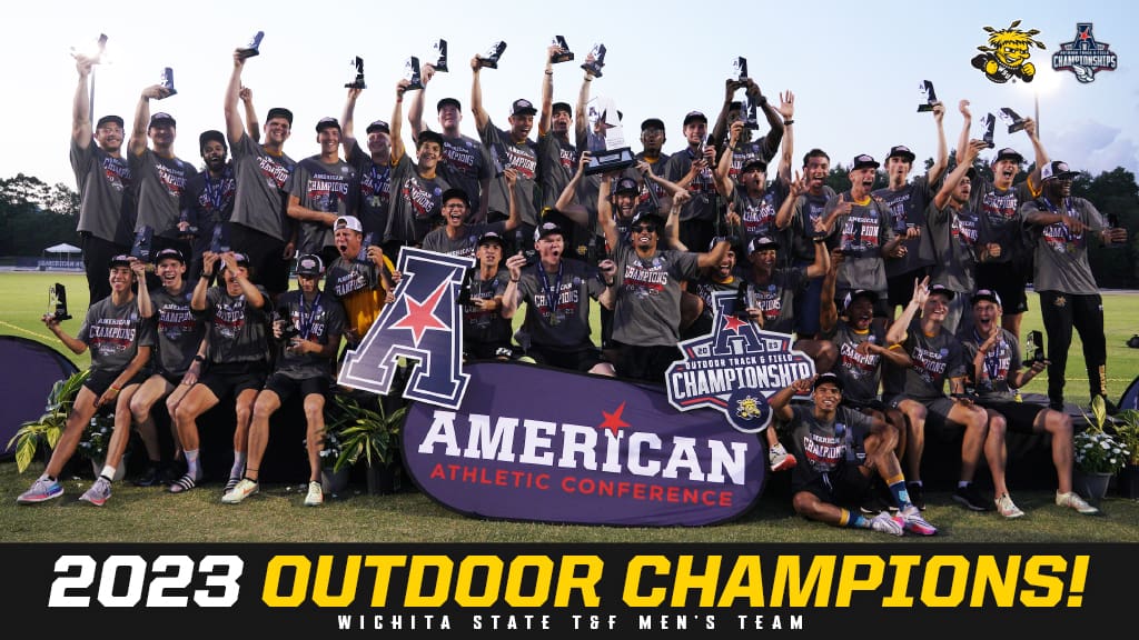 Photo of the Shockers men's track & field team, holding an "American Athletic Conference" sign, celebrating its 2023 AAC outdoor title.