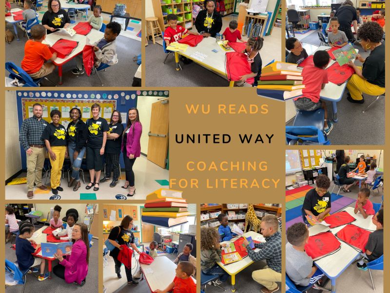 Graphic with photos of the event and the text, "Wu Reads | United Way | Coaching for Literacy."