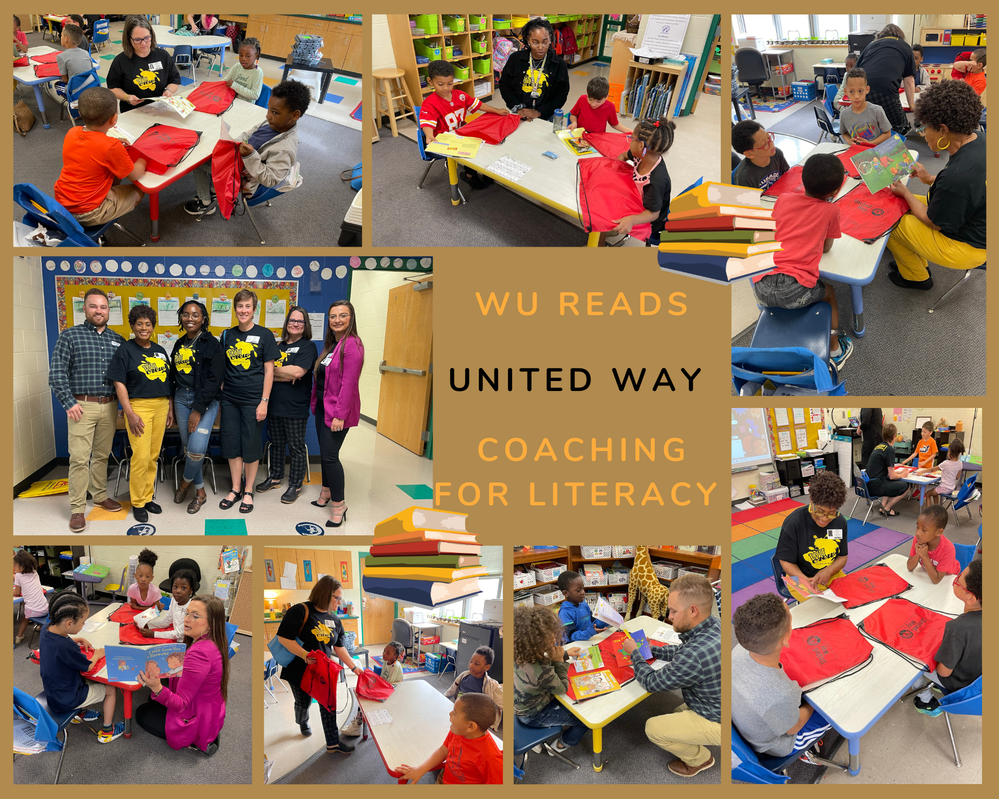 Graphic with photos of the event and the text, "Wu Reads | United Way | Coaching for Literacy."