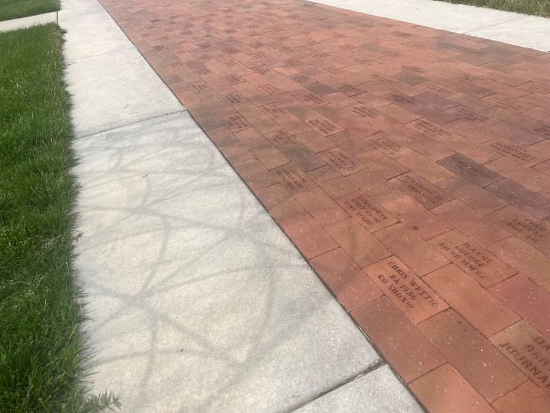 Photo of bricks with names inscribed on them lead down a pathway.