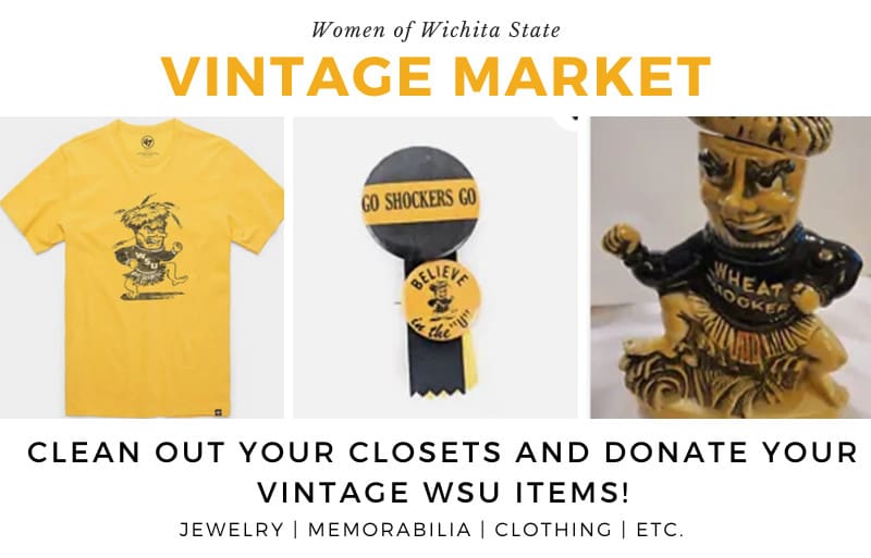 A vintage Wichita State T-shirt, button and decanter sit on a white background. Women of Wichita State Vintage Market. Clean out your closets and donate your vintage WSU items! Jewelry | Memorabilia | Clothing | Etc.