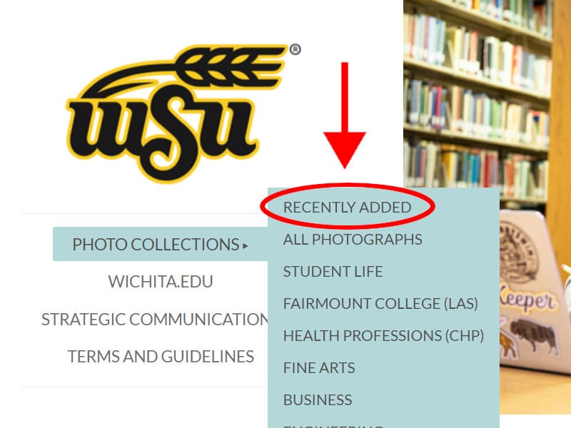 A red arrow pointing to "Photo Collections > Recently Added" on the Wichita State photo bank homepage.