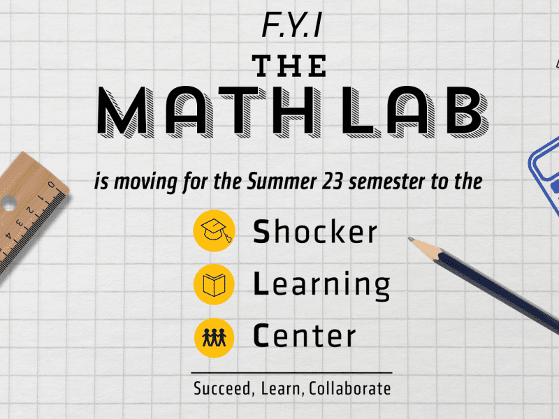 Various math related items including a pencil, calculator and ruler on a gray graph paper background with the text, "FYI The Math lab is moving for the Summer 2023 semester to the Shocker Learning Center."
