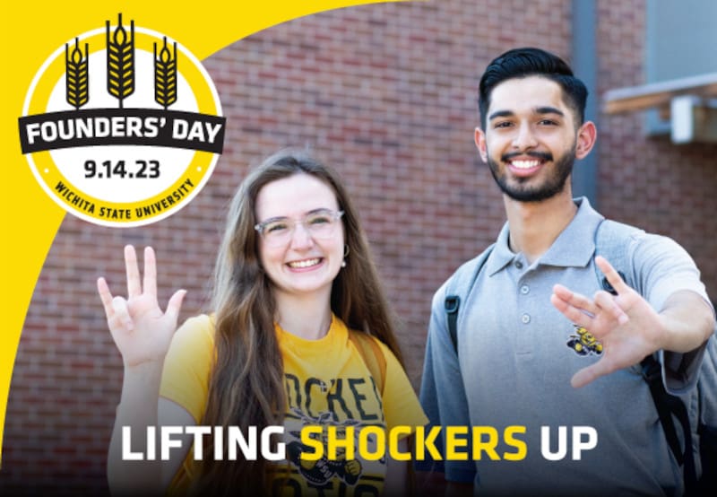 Students pose with the Shocker hand sign. "Founders' Day 9.14.23. Lifting Shockers up."
