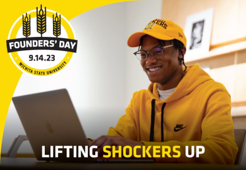 A student studies on their laptop. Founders' Day of Giving. Lifting Shockers Up.