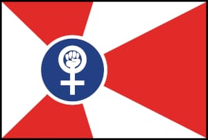 The Wichita flag is pictured with a feminist version of the female symbol in place of the Hogan symbol.