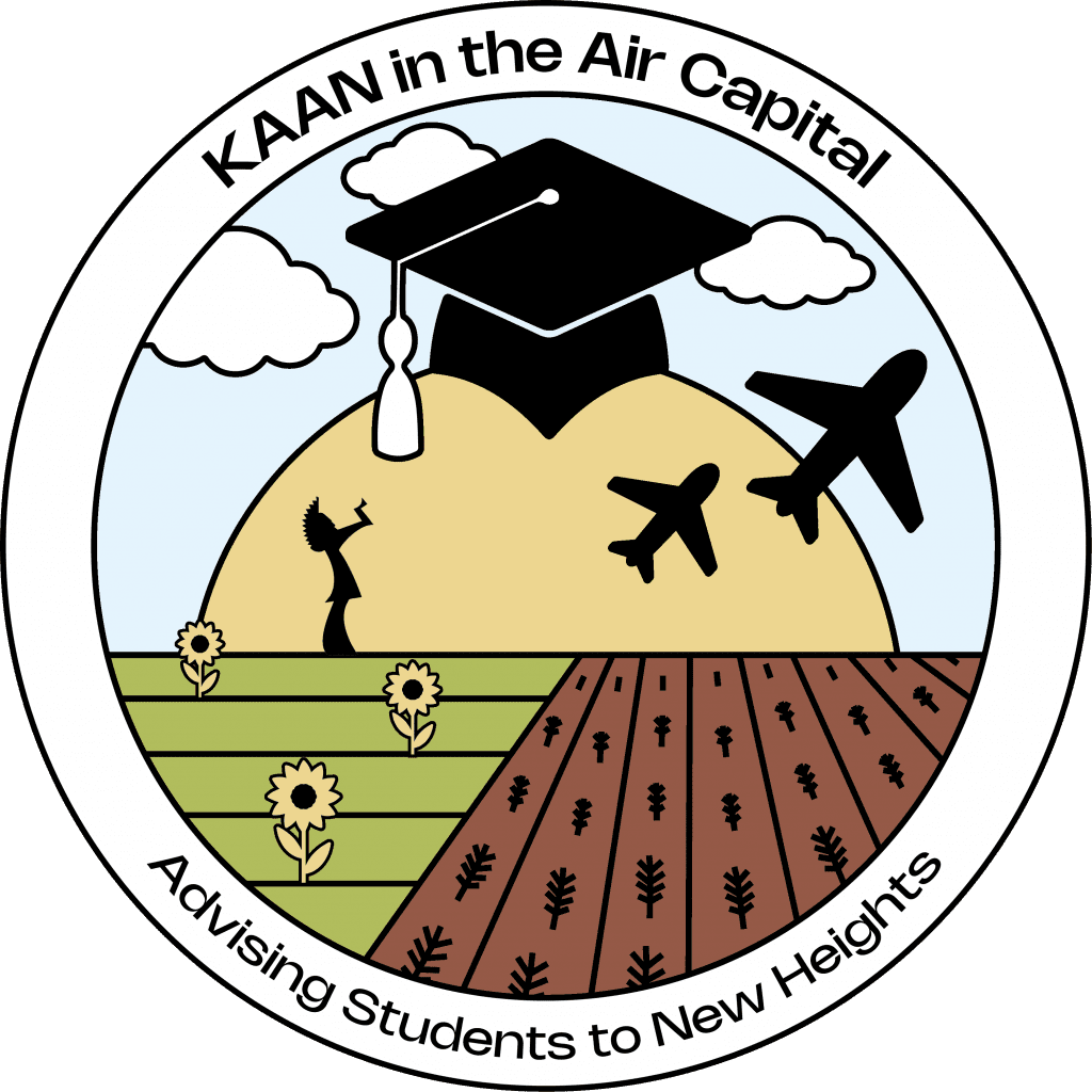 Circular logo displaying conference theme, "KAAN In the Air Capital, Advising Students to New Heights". Illustrations of sunrise landscape with a mortar board, Keeper of the Plains statue, air planes, and agricultural fields with wheat and sunflowers in the foreground.
