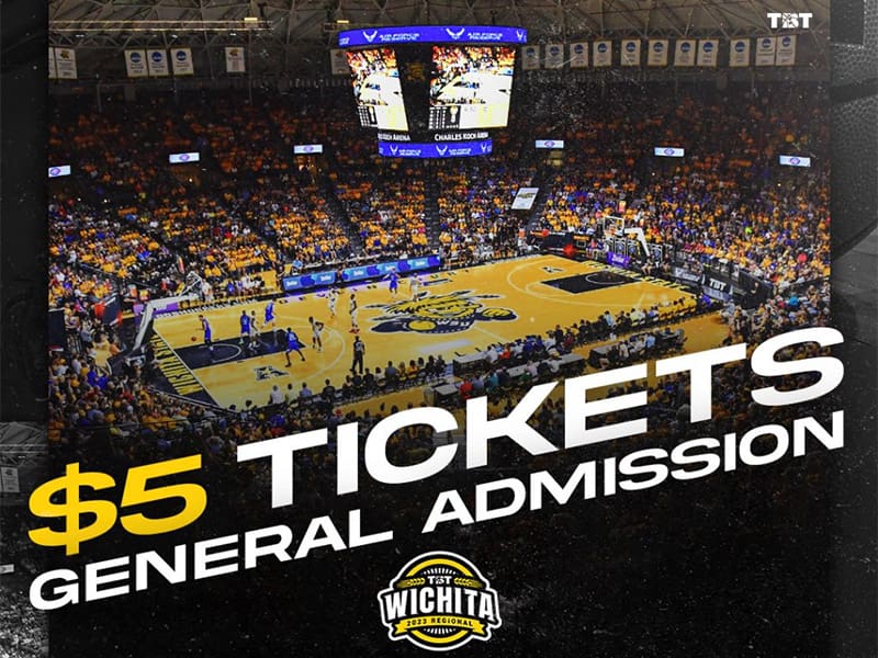 Basketball players compete in Charles Koch Arena. $5 tickets general admission, TBT Wichita logo.