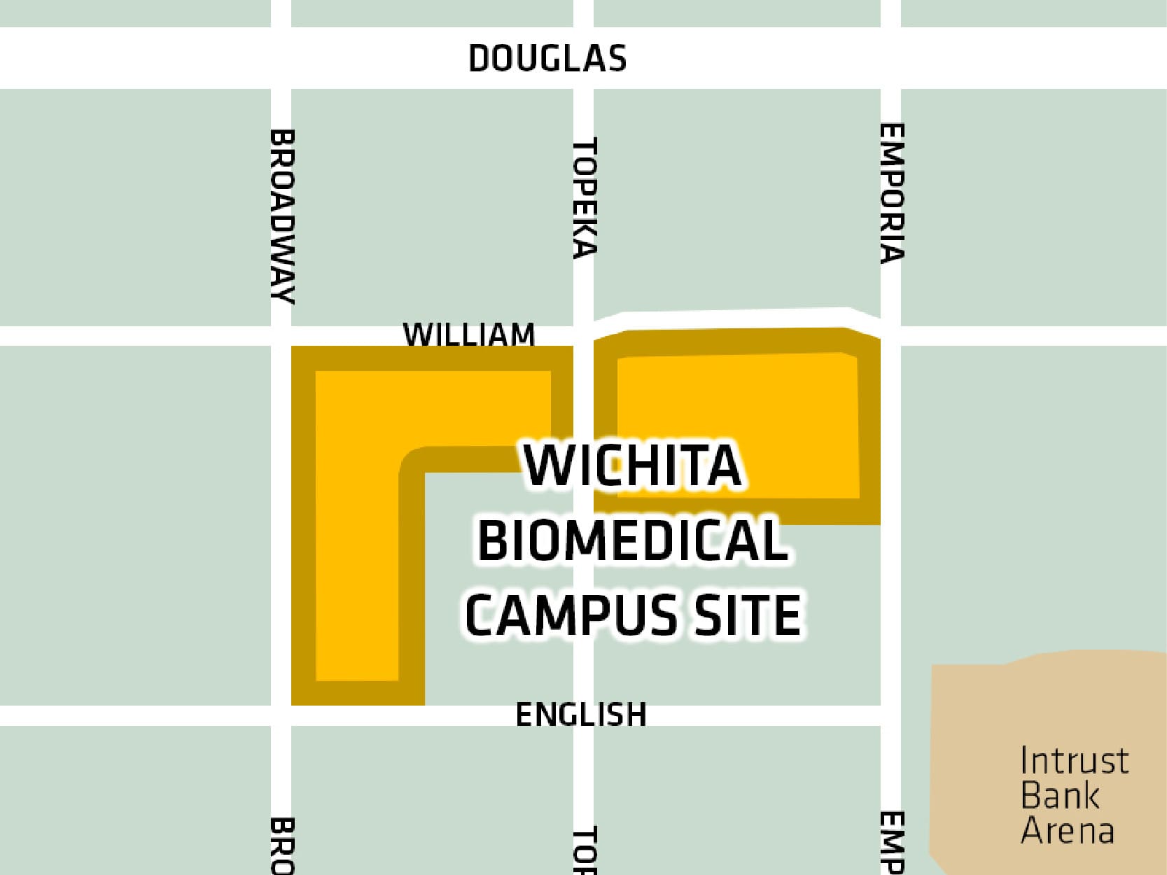 Map showing the location of the upcoming Wichita Biomedical Campus