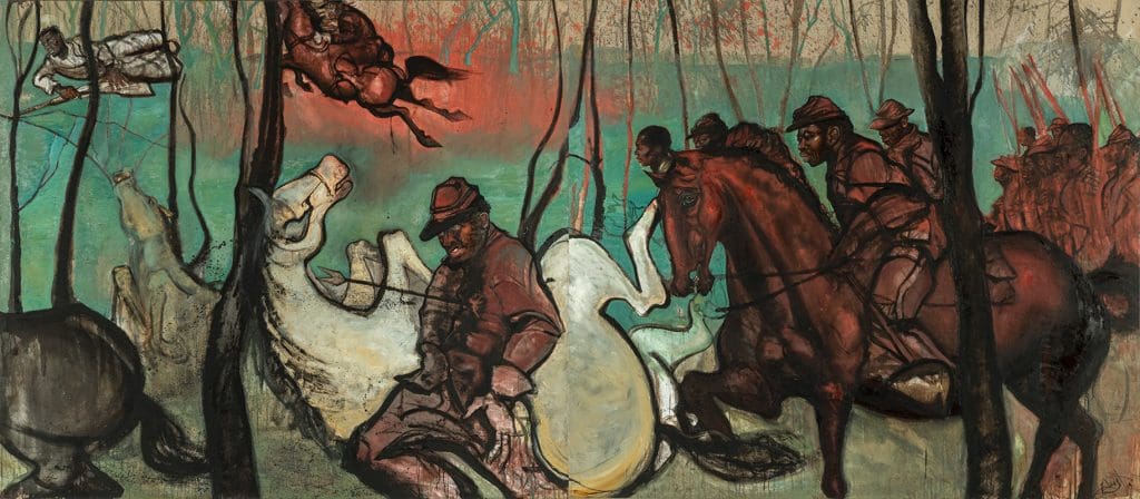 Chaz Guest, "The Tenth," 2019, oil paint, ink, linen. Gift of Ms. Feng Jianhua. Black Civil War soldiers and their horses are pictured in a wooded area in this painting.
