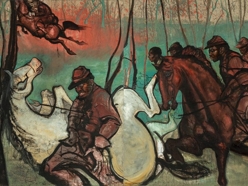 Chaz Guest, "The Tenth," 2019, oil paint, ink, linen. Gift of Ms. Feng Jianhua. Black Civil War soldiers and their horses are pictured in a wooded area in this painting.