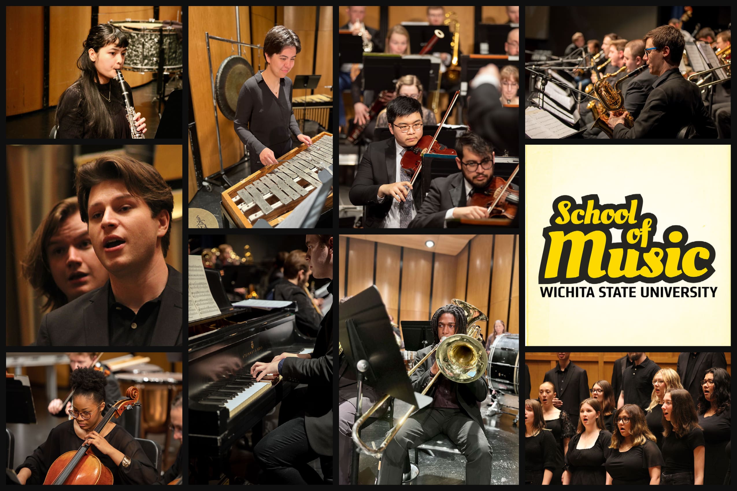 A collage of WSU School of Music students playing in the school's ensembles.