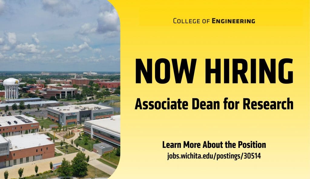 Aeriel view of buildings on campus. Right side has yellow background with words in black: Now Hiring, Associate Dean for Research