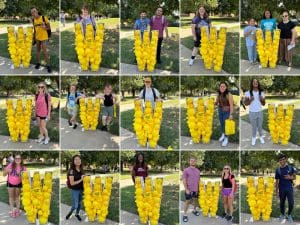Collage of students posing with a "W" sign filled with WSU and yellow balloons