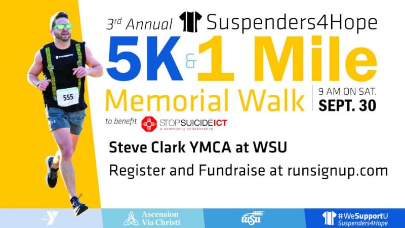 Registration flyer for the Suspenders4Hope 5K & 1 Mile Memorial Walk to benefit StopSuicideICT