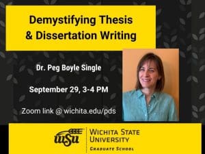 Demystifying Thesis and Dissertation Writing. Dr. Peg Boyle Single's method. September 29, 3-4 PM, Zoom link at wichita.edu/pds. Wichita State University. Graduate School.
