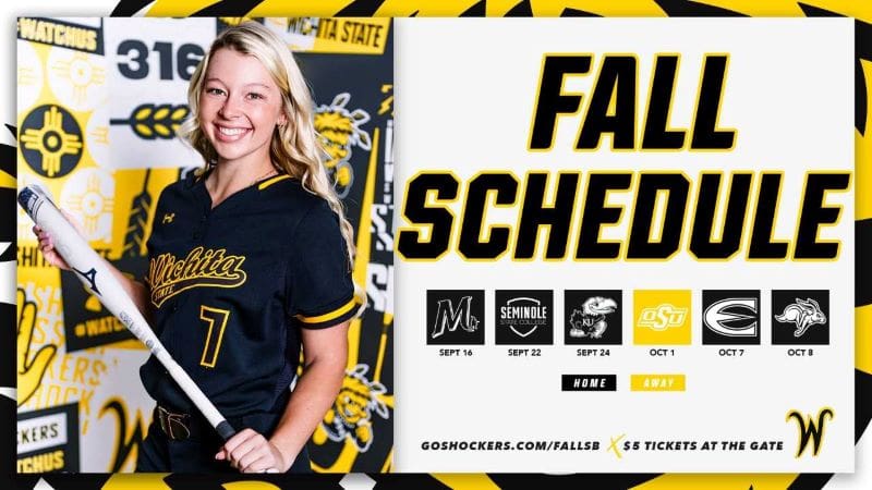 The image is a graphic of one of our student athletes and our fall softball schedule.  on 9/23 WSU will face Mclennon Community College. On 9/22 WSU will play Seminole State College. Next WSU will take on the University of Kansas on 9/24. On 10/1 WSU will travel to Stillwater, Oklahoma to play Oklahoma State University. On 10/7 the Shockers will play Emporia State at noon. On 10/8 the Shockers finish up the fall season taking on the North Dakota State Jack Rabbits.