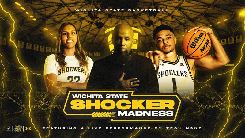Tech N9ne and players from the Shocker men's and women's basketball teams in Koch Arena. Shocker Madness featuring a live performance by Tech N9ne