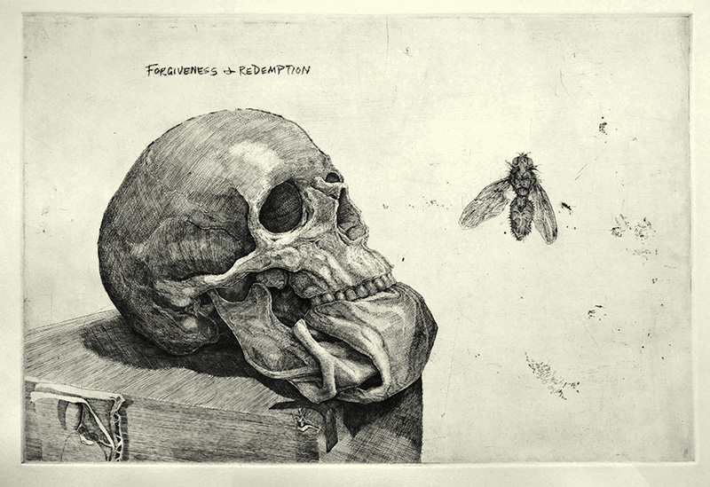 A hand-drawn image of a skull sitting on a pedestal the the left with handwritten text reading Forgiveness + Redemption above it, along with a large winged insect viewed from above just to the right.