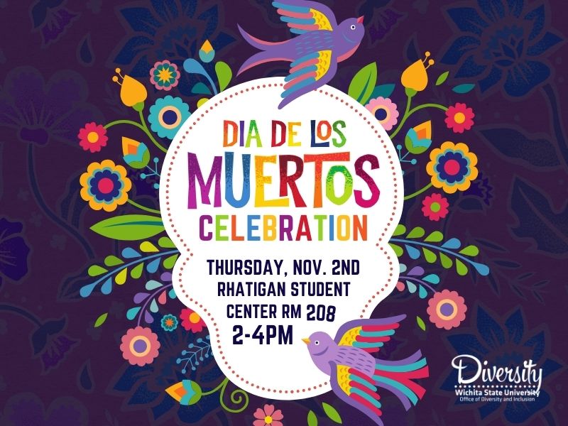 Purple background with sugar skull and floral designs. Dia de los Muertos Celebration. Thursday, Nov. 2nd Rhatgain Student Center Room 208, 2-4pm