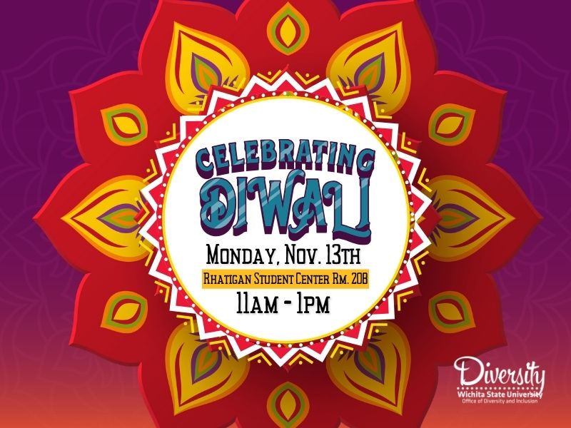 Purple background with ODI logo on bottom right corner, Red flower with white center. "Celebrating Diwali" in blue vibrant letters with "Monday Nov. 13th, Rhatigan Student Center Rm. 208, 11am-1pm" in black letters below