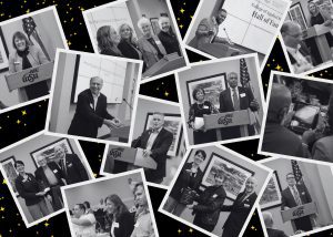 Collage of black and white photos with white borders from the CAS Hall of Fame Induction Ceremony event on a black background