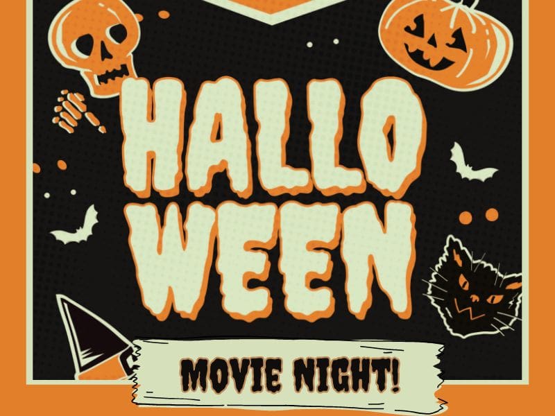 A black and yellow poster with Halloween icons (pumpkin, skeleton, black cat, witch hat) with the words "Halloween Movie Night!"