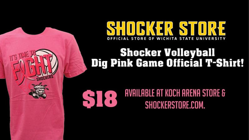 Shocker Store. Shocker Volleyball Dig Pink Game Official T-Shirt! Available at the Koch Arena Store and shockerstore.com