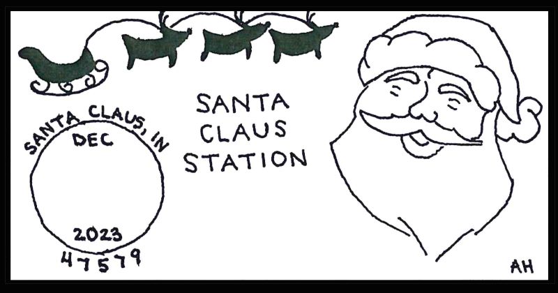 USPS Demember 2023 postmark for Santa Claus, IN 47579 depicting picture of Santa Claus and his sleigh with three reindeer.