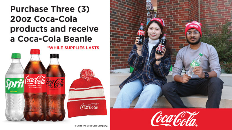 Purchase three 20 oz Coca-Cola products and receive a Coca-Cola beanie, while supplies last.