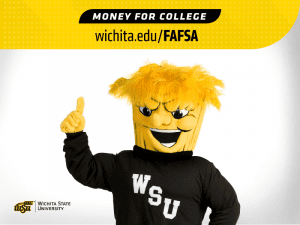Wu pointing to the words "Money for college wichita.edu/FAFSA"