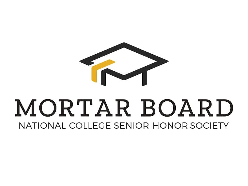 A graduate's mortar board stylized as the letter M, with a golden tassel. The words below the logo: Mortar Board National College Senior Honor Society