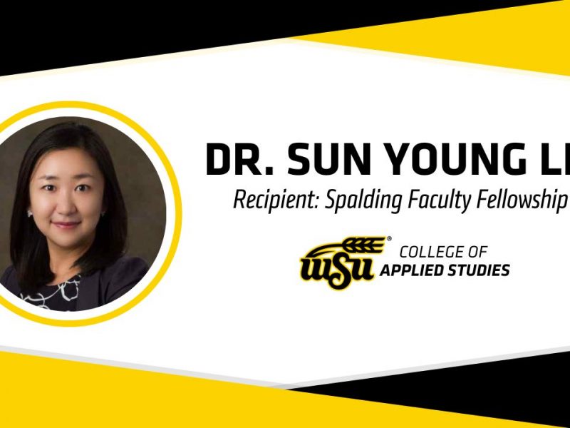 White background with black and yellow elements on the top and bottom with circular photo of Dr. Sun Young Lee with text: Dr. Sun Young Lee, Recipient: Spalding Faculty Fellowship, College of Applied Studies Logo