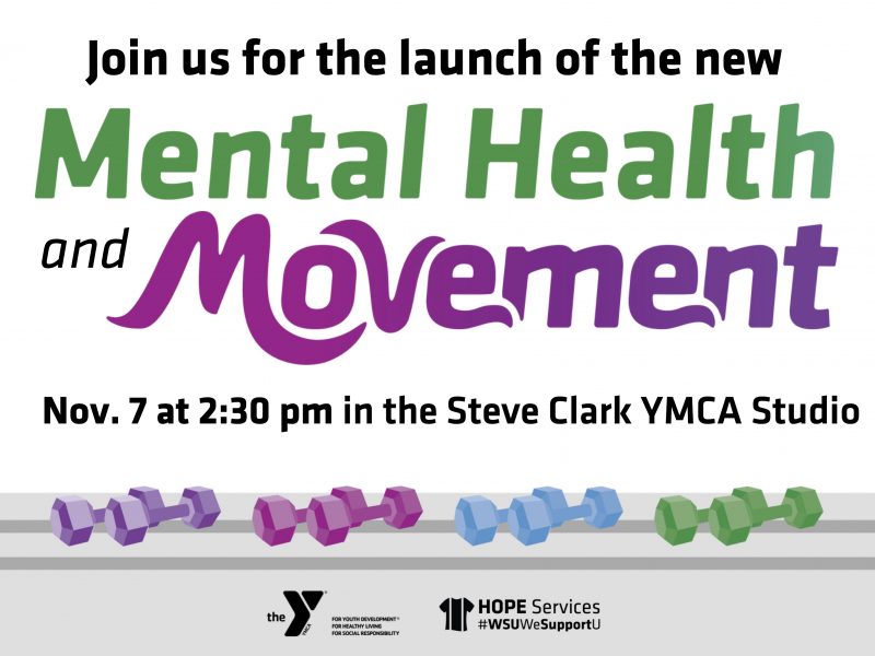 Join us for session two of the new Mental Health and Movement Class on Tuesday Nov. 7 at 2:30pm in the Steve Clark YMCA Studio. Sponsored by the YMCA and HOPE Services. Decorative image of weights.