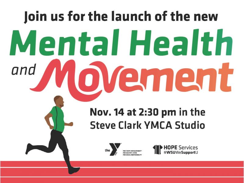 Join us for session two of the new Mental Health and Movement Class on Tuesday Nov. 14 at 2:30pm in the Steve Clark YMCA Studio. Sponsored by the YMCA and HOPE Services. Decorative image of running a track.