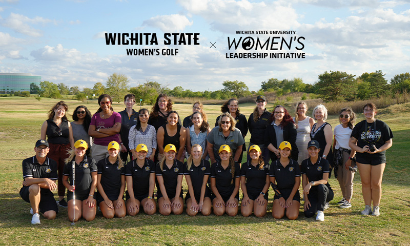 The Shocker women's golf team and the Women's Leadership Initiative pose at Willowbend Golf Club