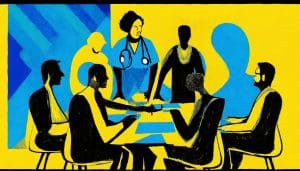 Stylized cartoon in yellow, blue, and black showing people discussing around a round table, one wearing a stethoscope