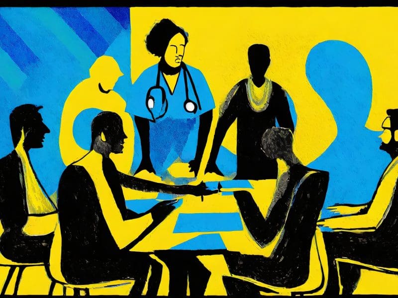 Stylized cartoon in yellow, blue, and black showing people discussing around a round table, one wearing a stethoscope