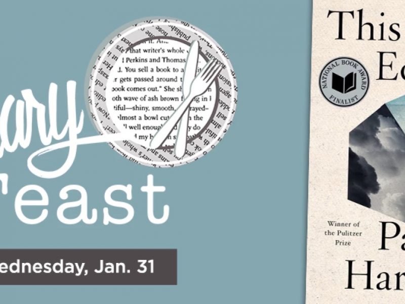 A copy of "The Other Eden" by Paul Harding with the text Literary Feast Wednesday, Jan. 31 and the KMUW logo