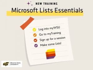Image of a list with the text: new training Microsoft Lists essentials, log into myWSU, go to mytraining, sign up for a session, make some lists