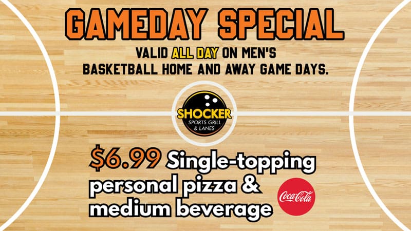 A top-down view of a basketball court with the text: Gameday Special. Valid all day on men's basketball home and away game days. $6.99 single topping personal pizza and medium beverage