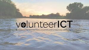 Photo of Arkansas River and says "VolunteerICT Powered by a partnership with Wichita State University and the United Way of the PLains