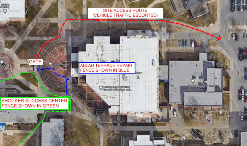 Map of Ablah Library showing the construction, including the Ablah terrace repair fence, the Shocker Success Center fence, the site access route and the gate for allowing pedestrians into Ablah Library on the west side.
