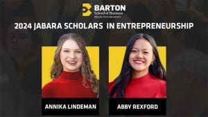 The recipients of the 2024 Professor Fran Jabara Scholarship in Entrepreneurship: Annika Lindeman from Eisenhower High School in Goddard, Kansas, and Abby Rexford from West Jessamine High School in Wilmore, Kentucky.