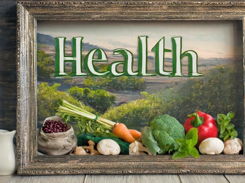 A picture frame with a nature landscape and fruits and vegetables with the word "Health" at the top