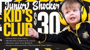 The image is a graphic that shows a kid cheering on the Shockers. The text in the image says "Junior Shocker Kids Club $30! Memberships include a t-shirt, member credential and lanyard, welcome letter from Wushock, and access to special experiences at Junior Shocker events and ticket offers.