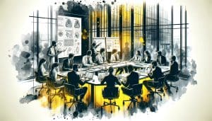 Cartoon of people in white coats and suits around a conference table in a glass room with presenters showing medical images.